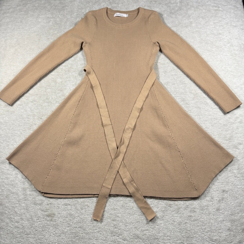 Anrabess Sweater Dress Womens Small Tan Ribbed Long Sleeve Fit & Flare Belted